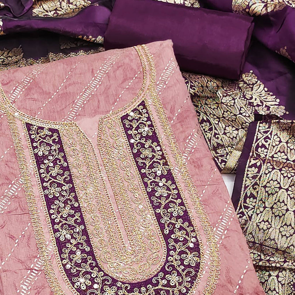 Pink Floral Printed Chanderi Silk Dress Material Embellished With Sequins & Cording