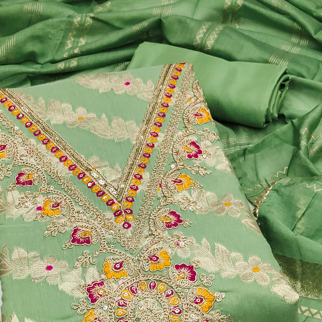 Green Jacquard Dress Material with Shimmering Zari Weave in Traditional Banarasi Style