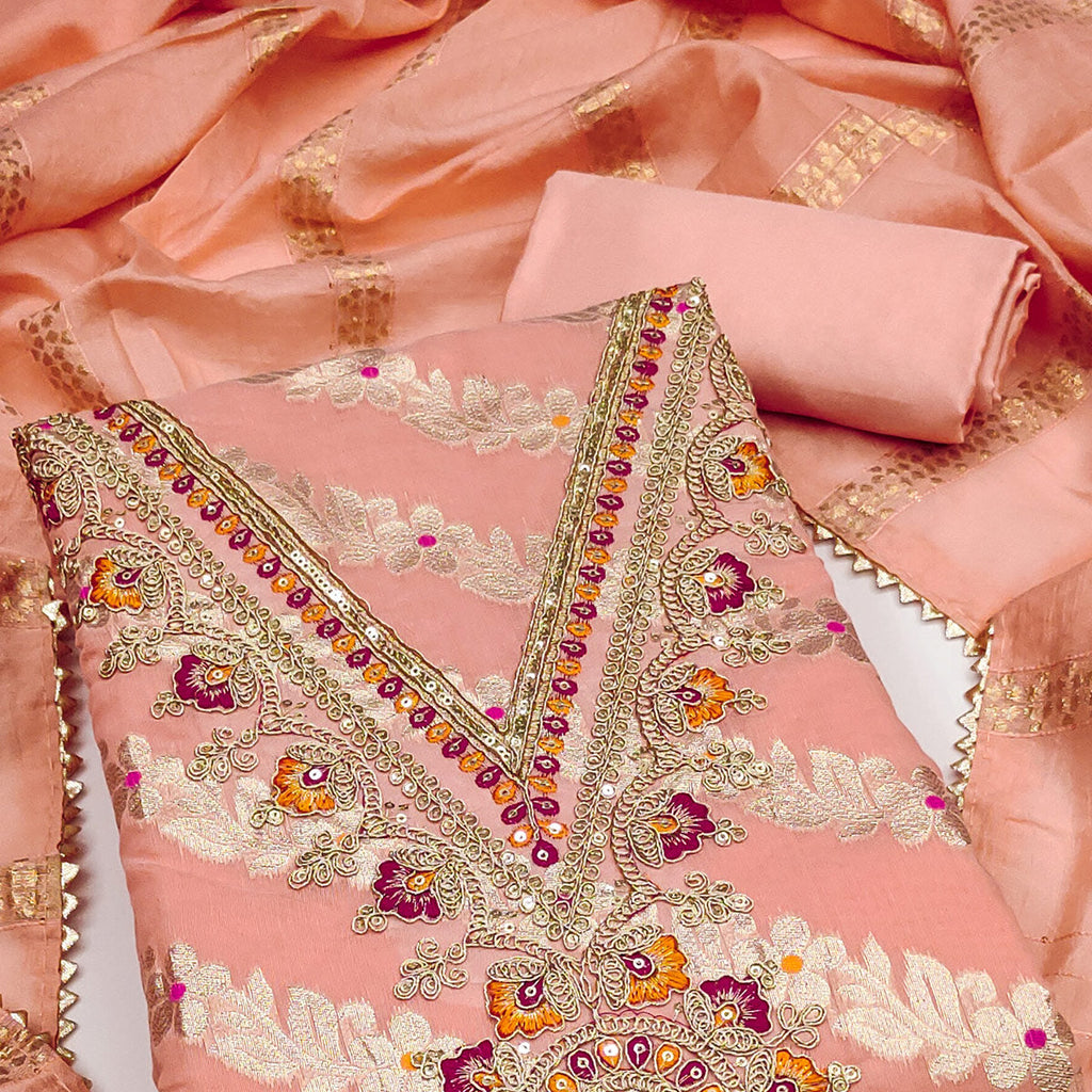 Peach Jacquard Dress Material with Shimmering Zari Weave in Traditional Banarasi Style