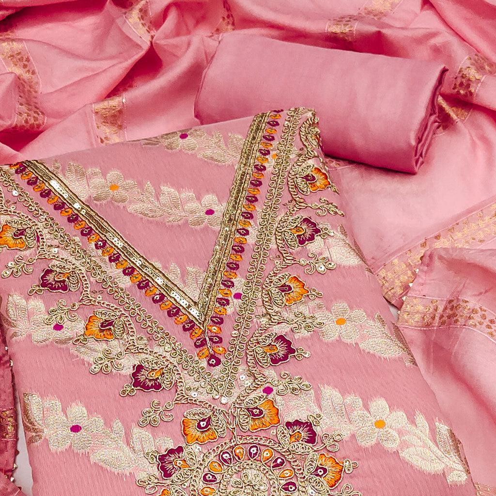 Pink Jacquard Dress Material with Shimmering Zari Weave in Traditional Banarasi Style