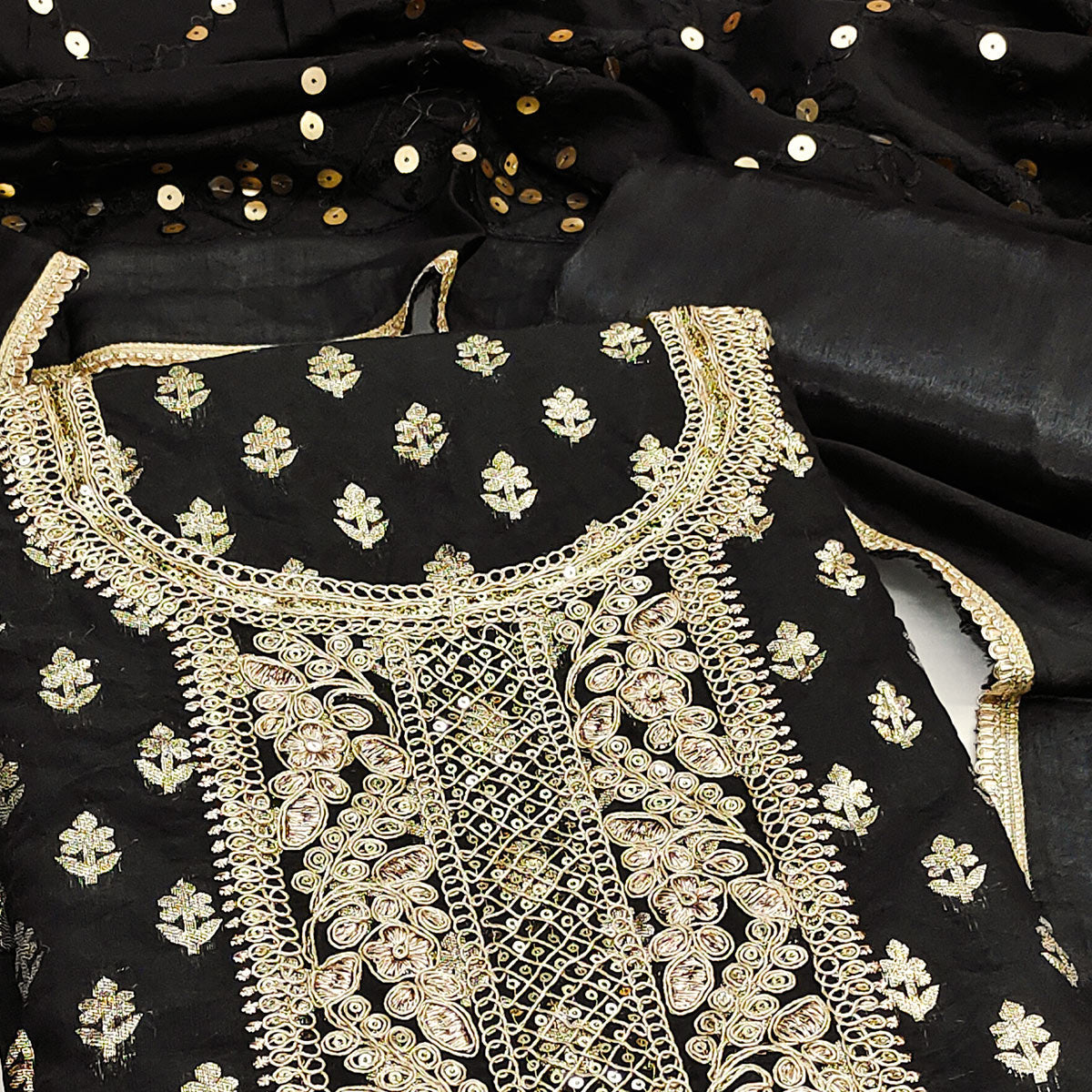 Black Chanderi Cotton Fabric with Elegant Butti Zari Weaving for a Festive Yet Soft Look