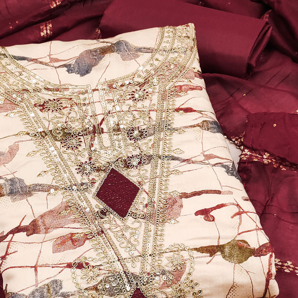 Cream Printed Dress Material With Sequins & Cording Work In Chanderi Roman Silk