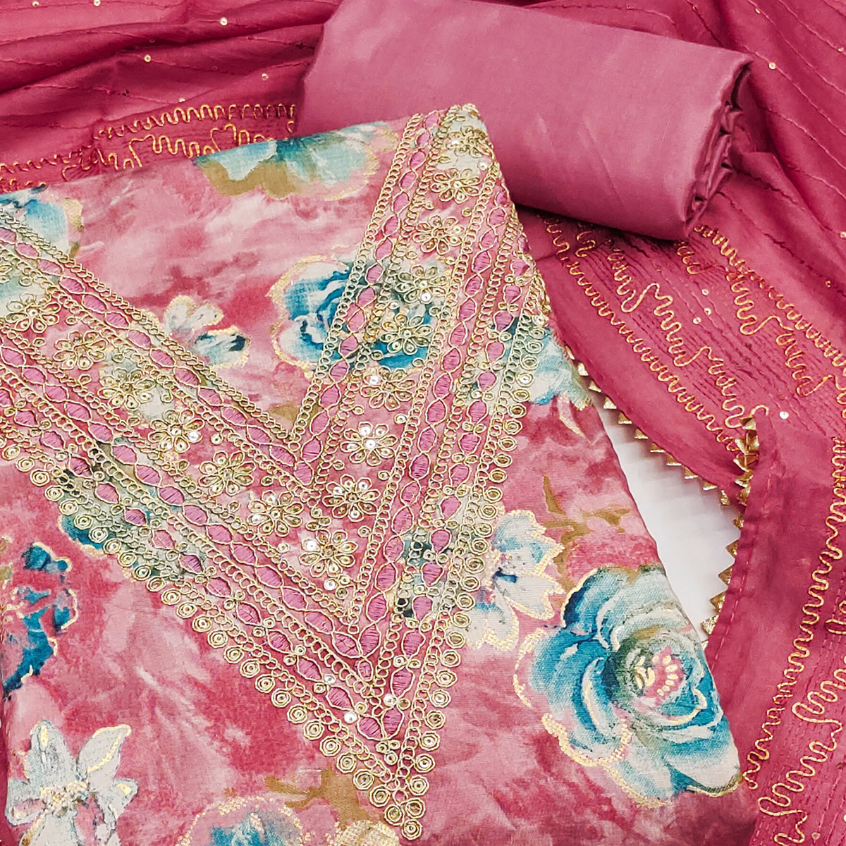 Pink Printed Dress Material With Sequins & Cording Work In Chanderi Roman Silk