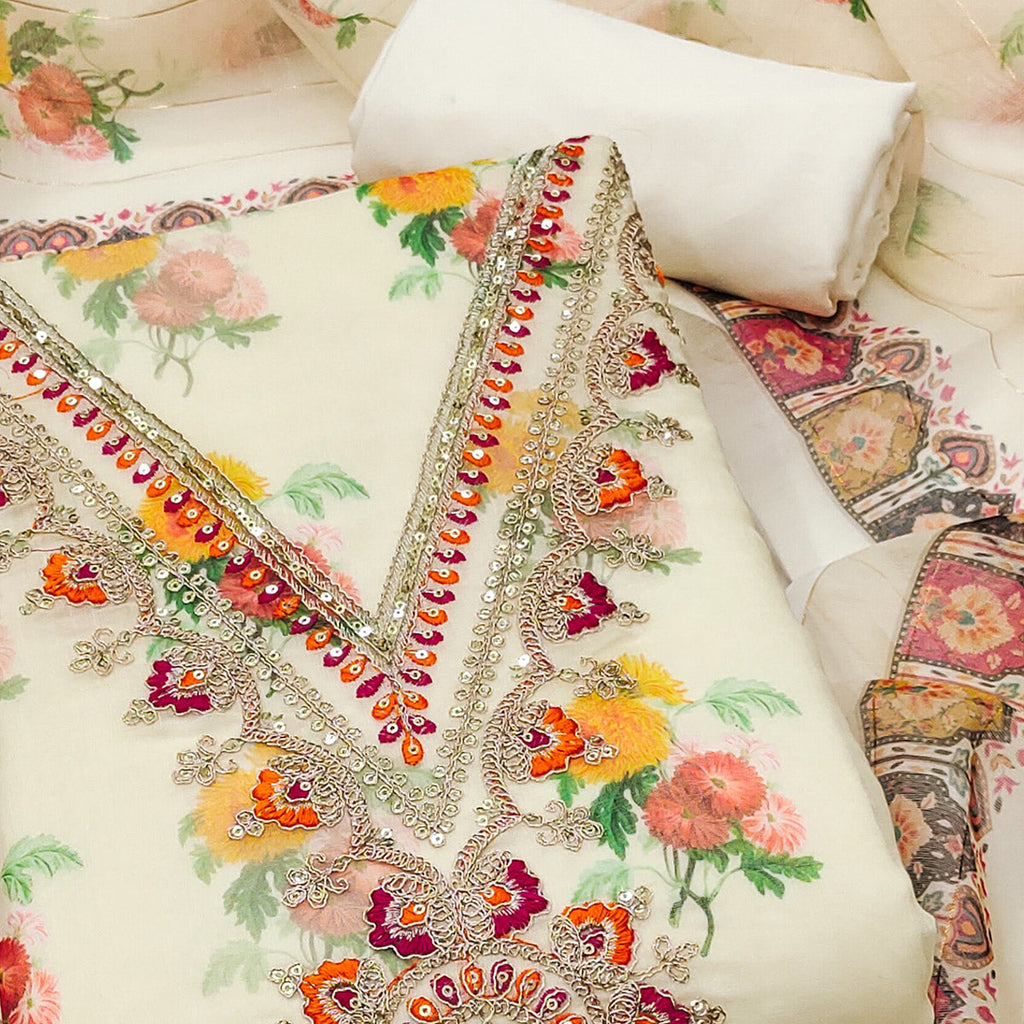 Cream Floral Digital Print Dress Material With Sequins & Cording Embroidery On Chanderi Silk