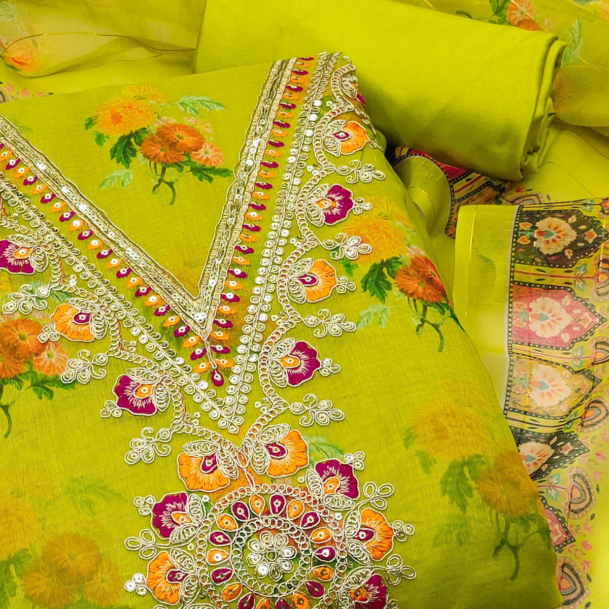 Green Floral Digital Print Dress Material With Sequins & Cording Embroidery On Chanderi Silk