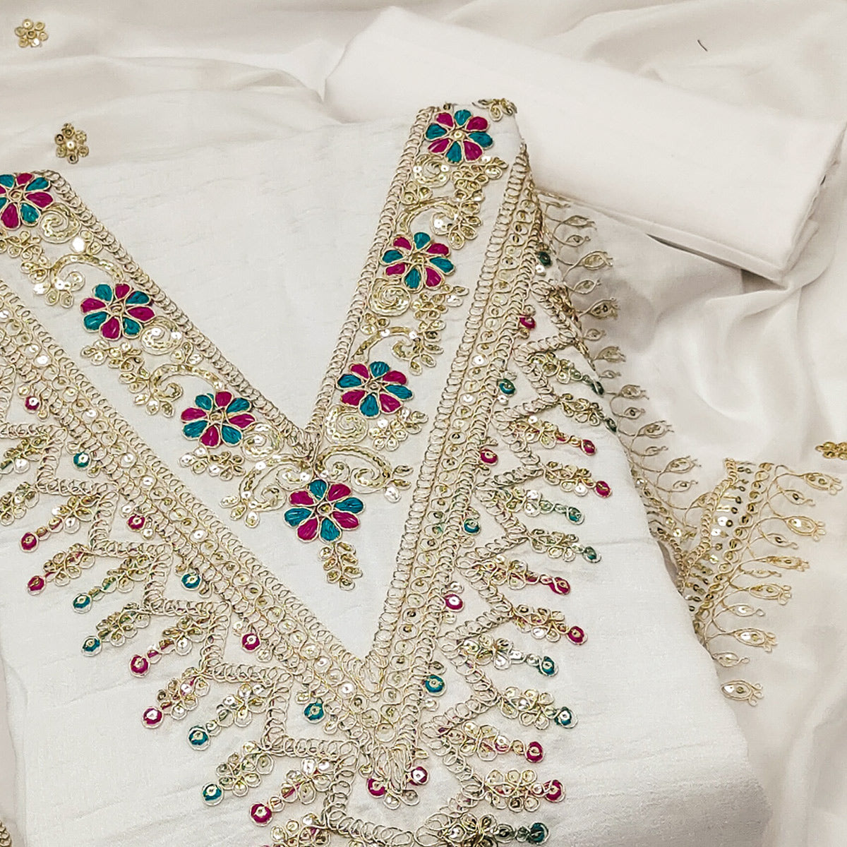 Cream Floral Printed Vichitra Silk Dress Material With Sequins & Cording Work