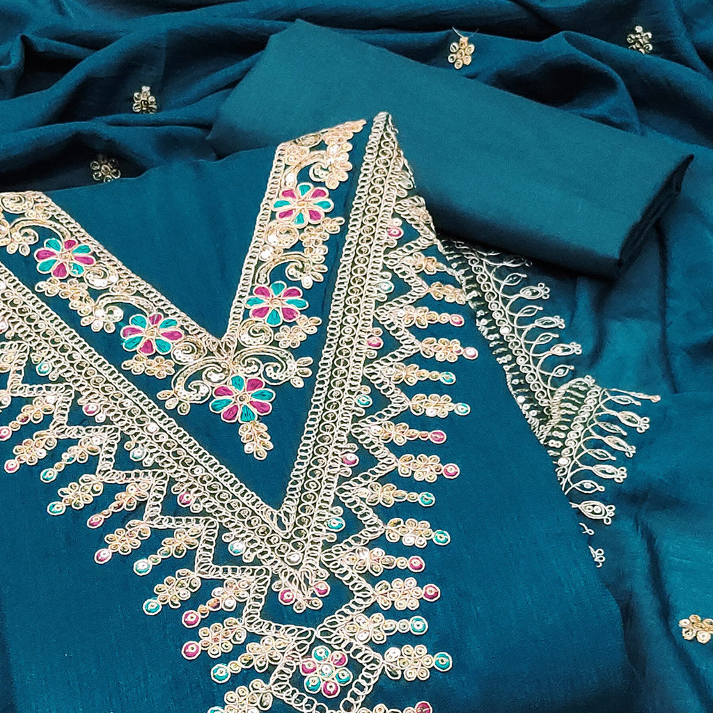 Morpich Blue Floral Printed Vichitra Silk Dress Material With Sequins & Cording Work