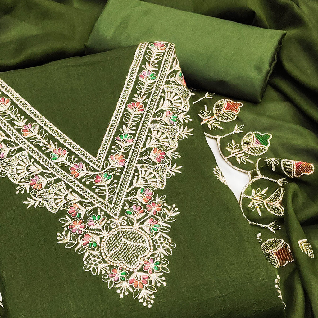 Mehendi Green Floral Vichitra Silk Dress Material With Elegant Zari Embroidery