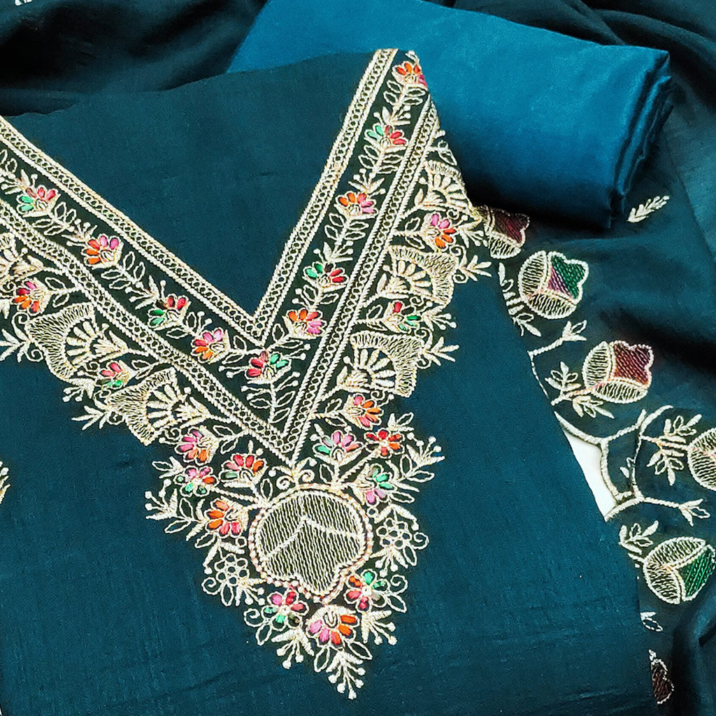 Morpich Blue Floral Vichitra Silk Dress Material With Elegant Zari Embroidery