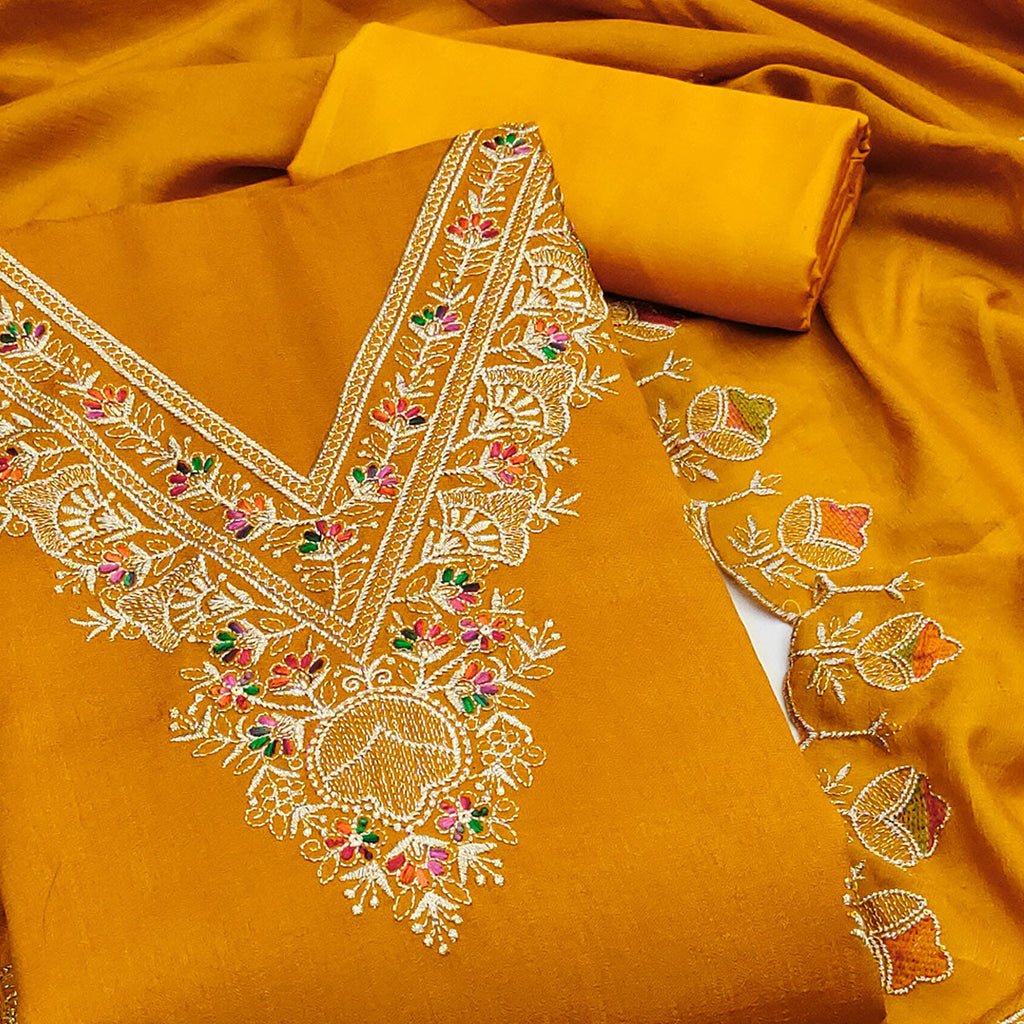 Mustard Floral Vichitra Silk Dress Material With Elegant Zari Embroidery