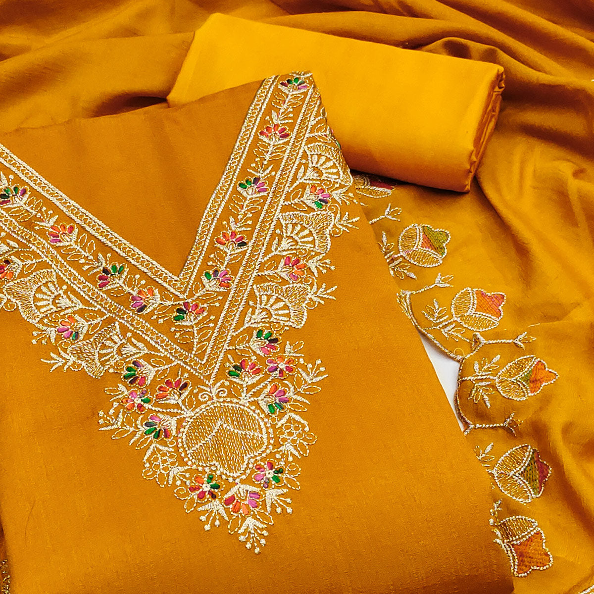 Mustard Floral Vichitra Silk Dress Material With Elegant Zari Embroidery