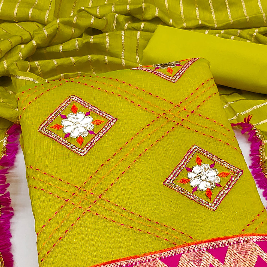 Green Chanderi Dress Material Featuring Gota Patti Work & Delicate Floral Embroidery
