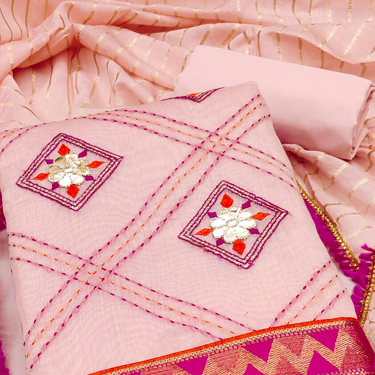 Peach Chanderi Dress Material Featuring Gota Patti Work & Delicate Floral Embroidery