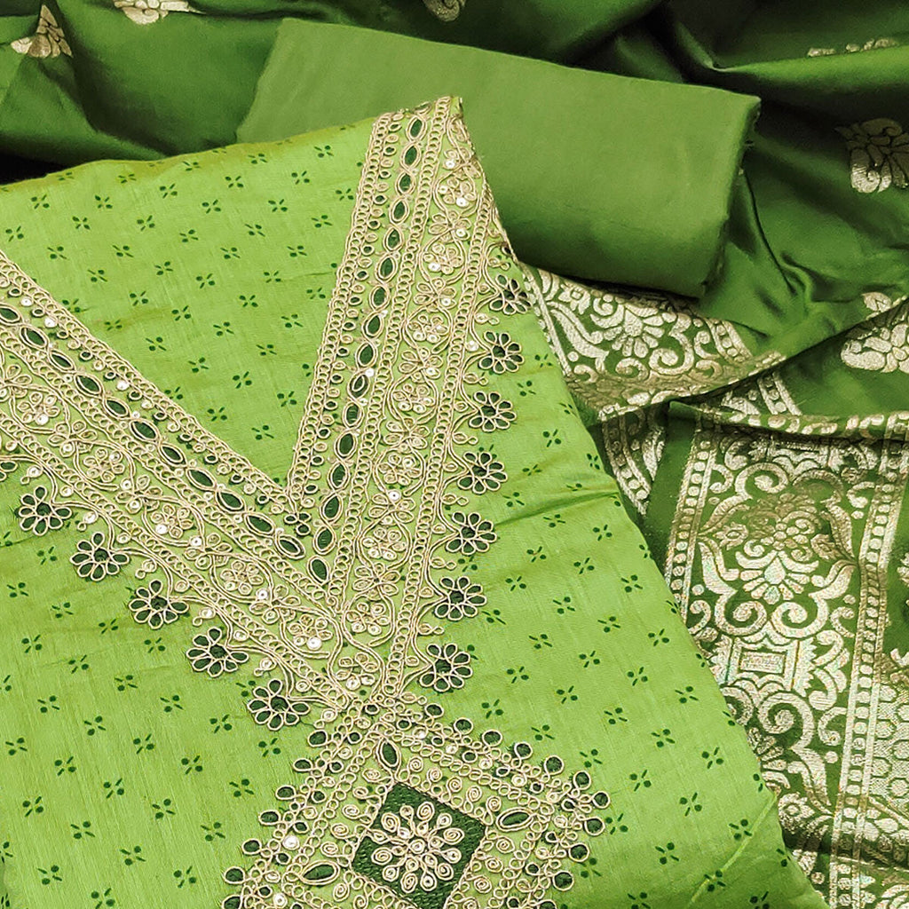 Green Printed Chanderi Silk Dress Material With Cording Sequins Embroidery On Neck