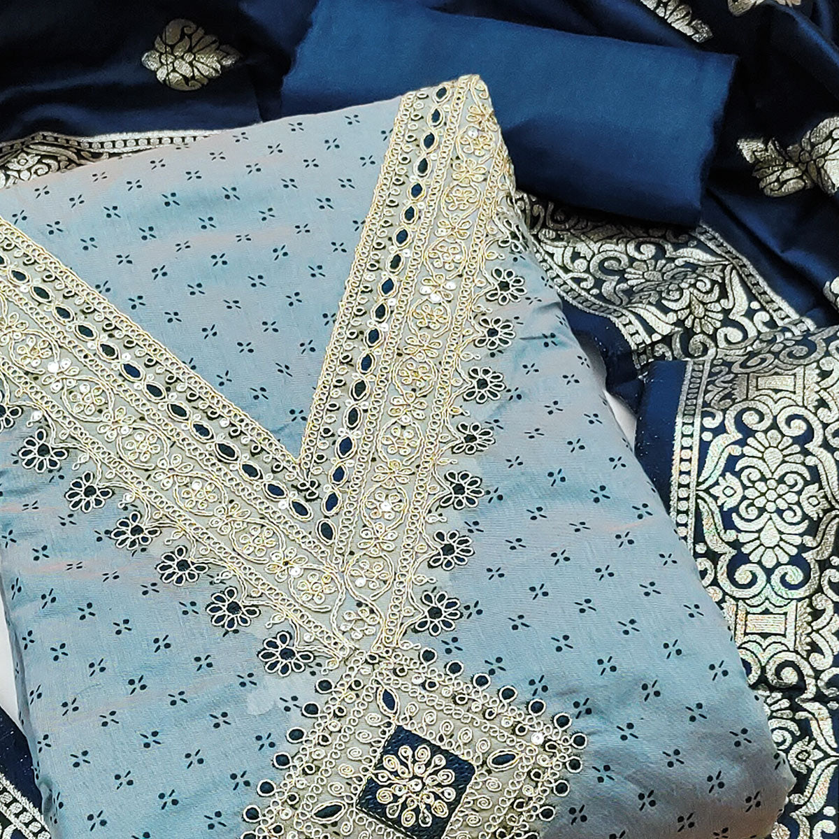 Grey Printed Chanderi Silk Dress Material With Cording Sequins Embroidery On Neck