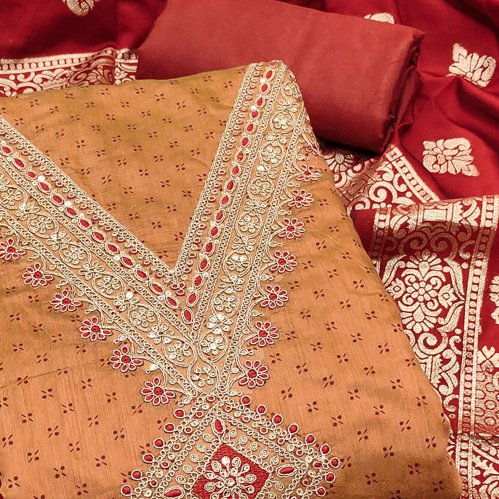 Orange Printed Chanderi Silk Dress Material With Cording Sequins Embroidery On Neck