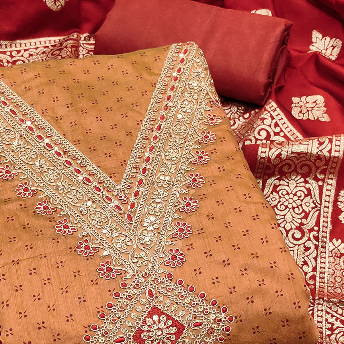 Orange Printed Chanderi Silk Dress Material With Cording Sequins Embroidery On Neck