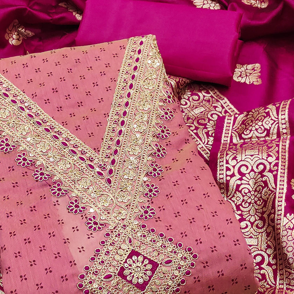 Pink Printed Chanderi Silk Dress Material With Cording Sequins Embroidery On Neck