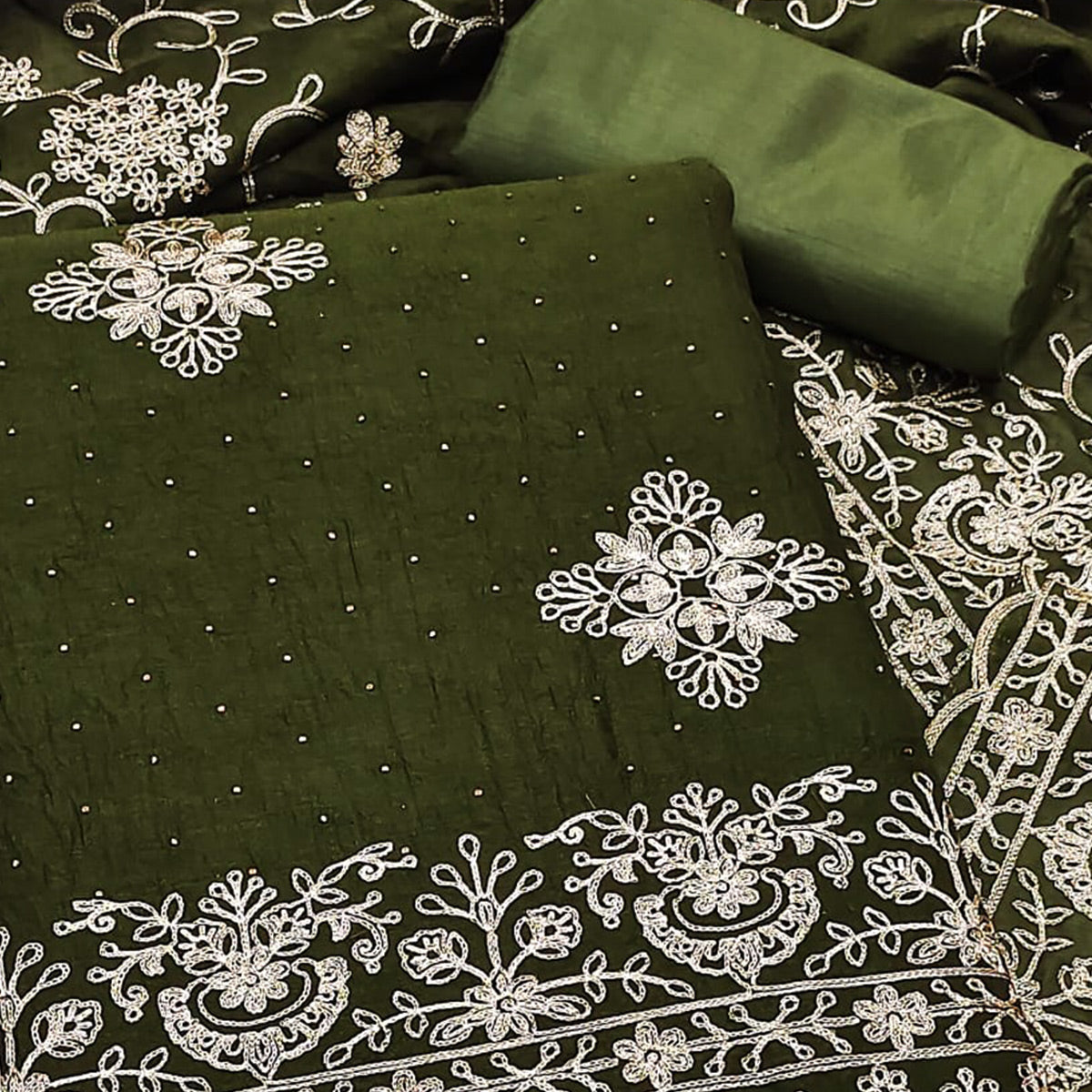 Mehendi Green Floral Zari Embroidery With Swarovski Work Vichitra Silk Dress Material