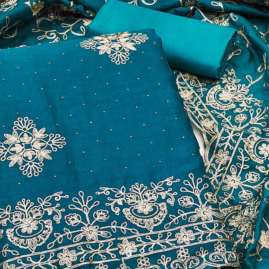 Morpich Blue Floral Zari Embroidery With Swarovski Work Vichitra Silk Dress Material