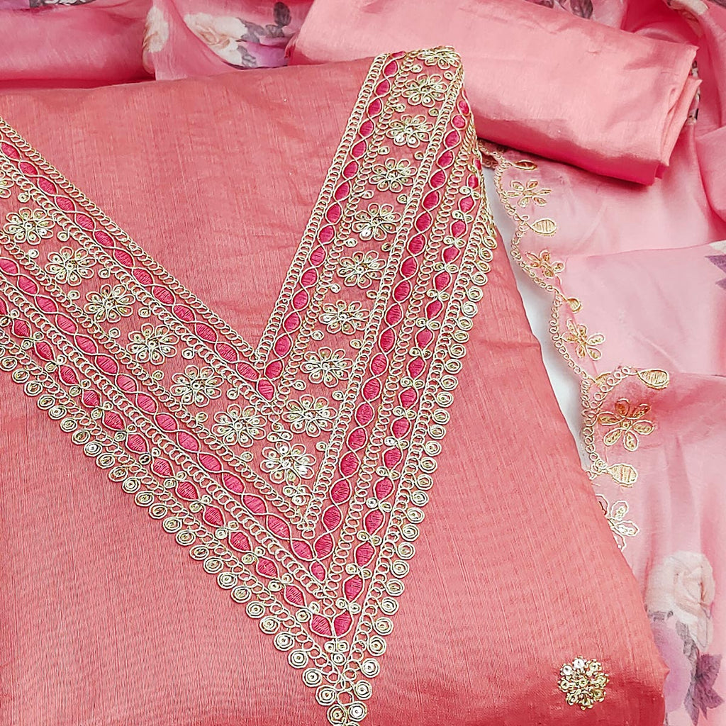 Peach Floral Cording Embroidery With Sequins Work Chanderi Silk Dress Material