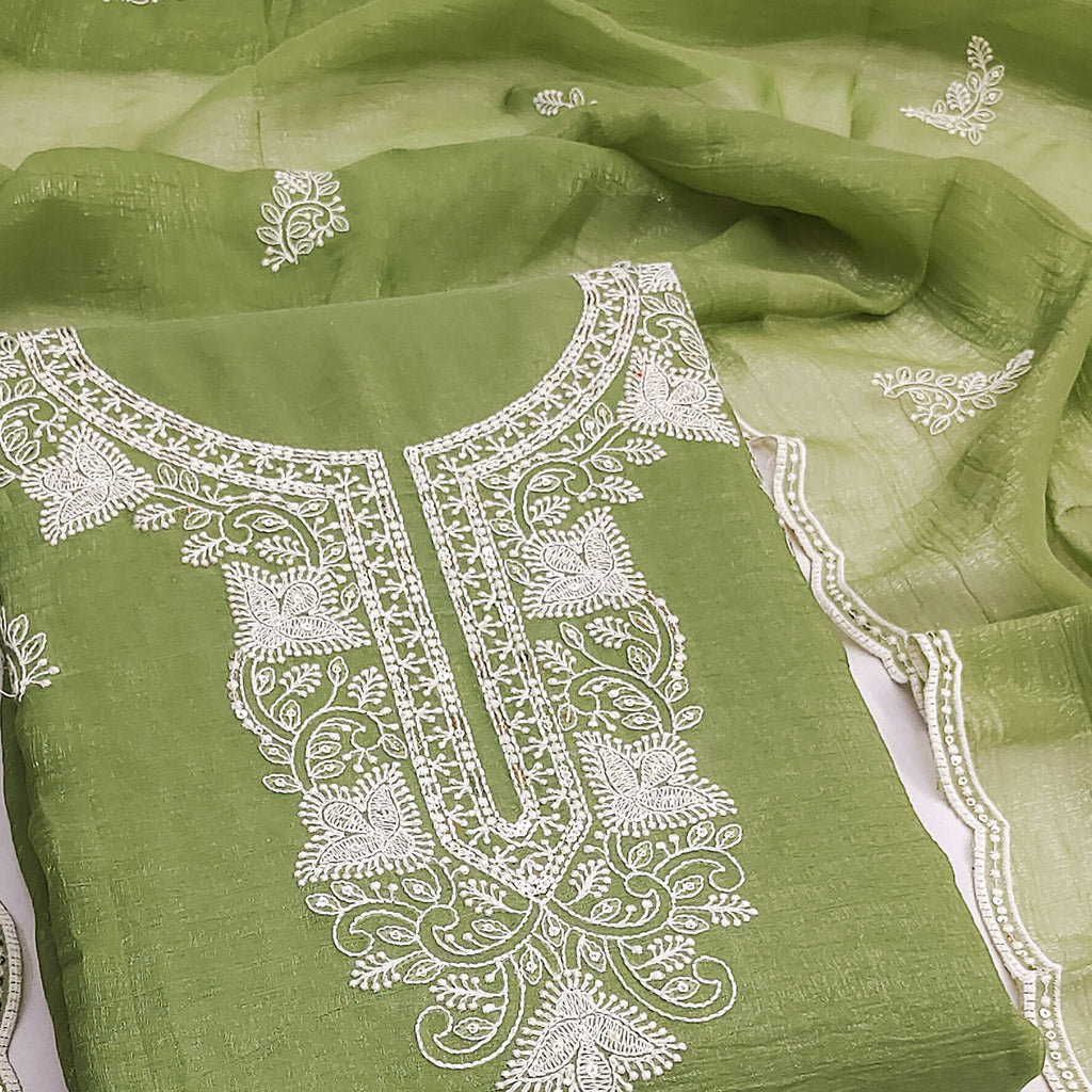 Green Georgette Crunchy Silk Dress Material with Elegant Floral Thread Embroidery & Sequins Work