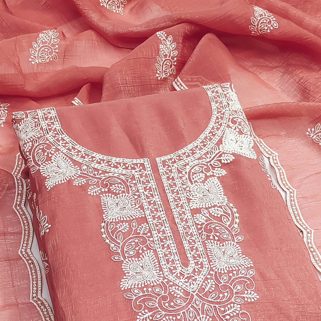 Peach Georgette Crunchy Silk Dress Material with Elegant Floral Thread Embroidery & Sequins Work
