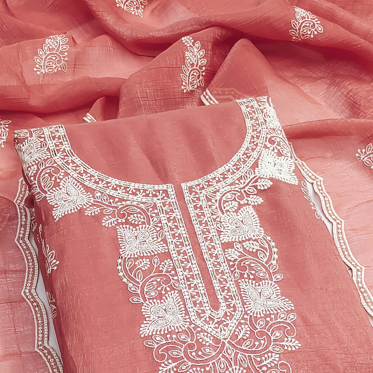 Peach Georgette Crunchy Silk Dress Material with Elegant Floral Thread Embroidery & Sequins Work