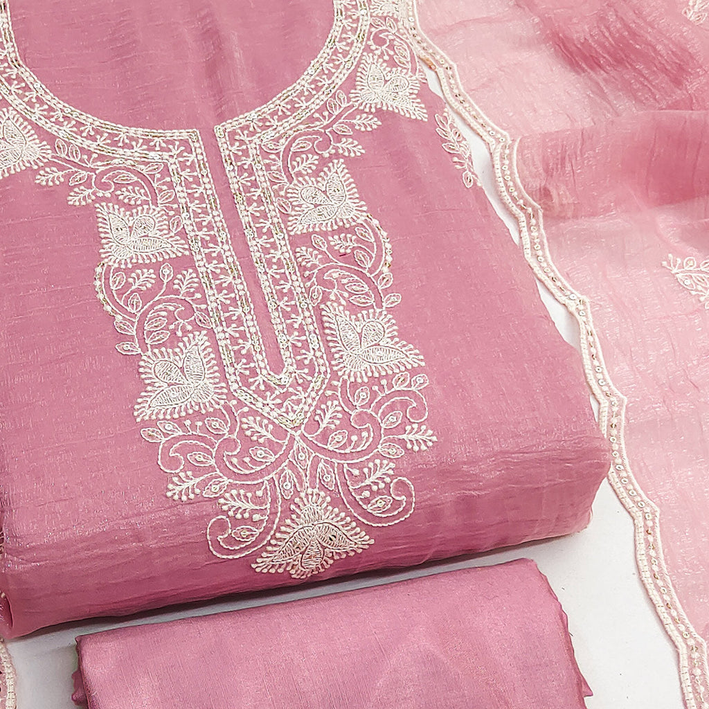 Pink Georgette Crunchy Silk Dress Material with Elegant Floral Thread Embroidery & Sequins Work