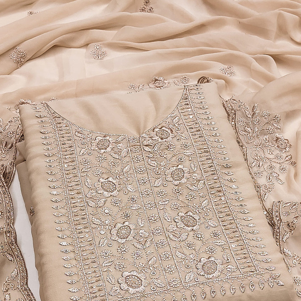 Chikoo Georgette Dress Material With Intricate Floral Zari Embroidery & Sequins Work