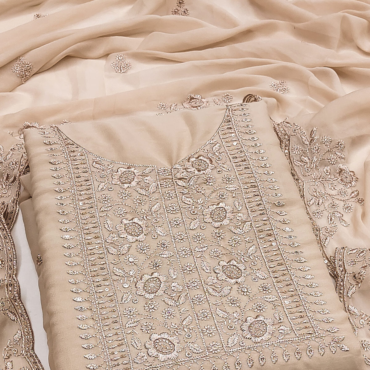 Chikoo Georgette Dress Material With Intricate Floral Zari Embroidery & Sequins Work