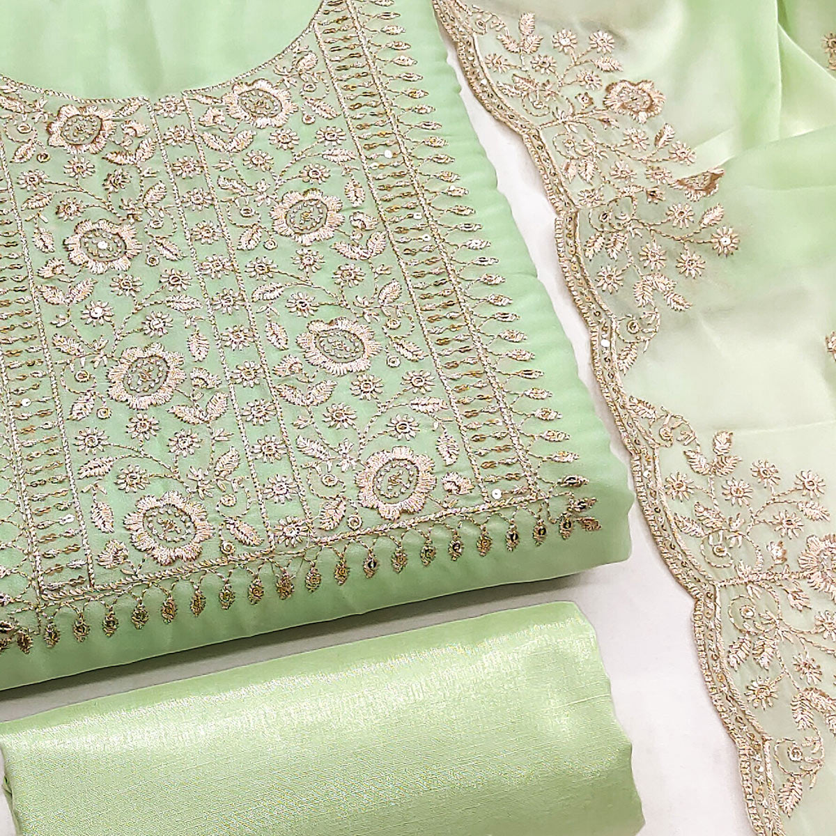 Green Georgette Dress Material With Intricate Floral Zari Embroidery & Sequins Work