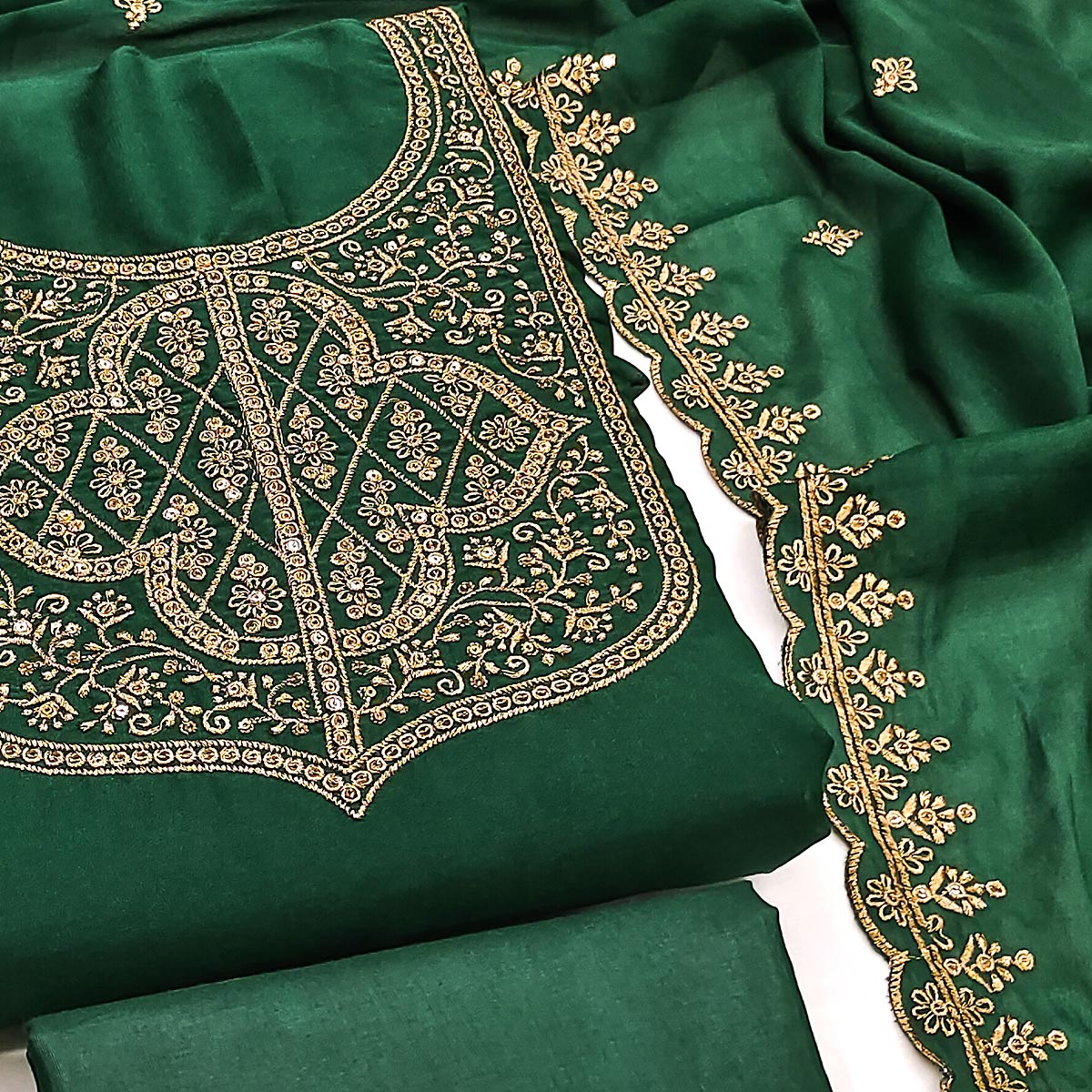 Green Georgette Dress Material With Sparkling Sequins & Zari Floral Embroidery