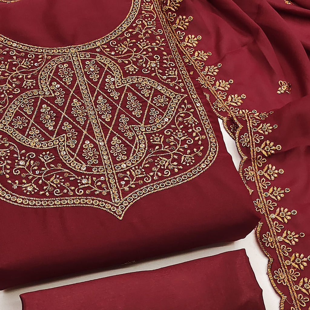 Maroon Georgette Dress Material With Sparkling Sequins & Zari Floral Embroidery