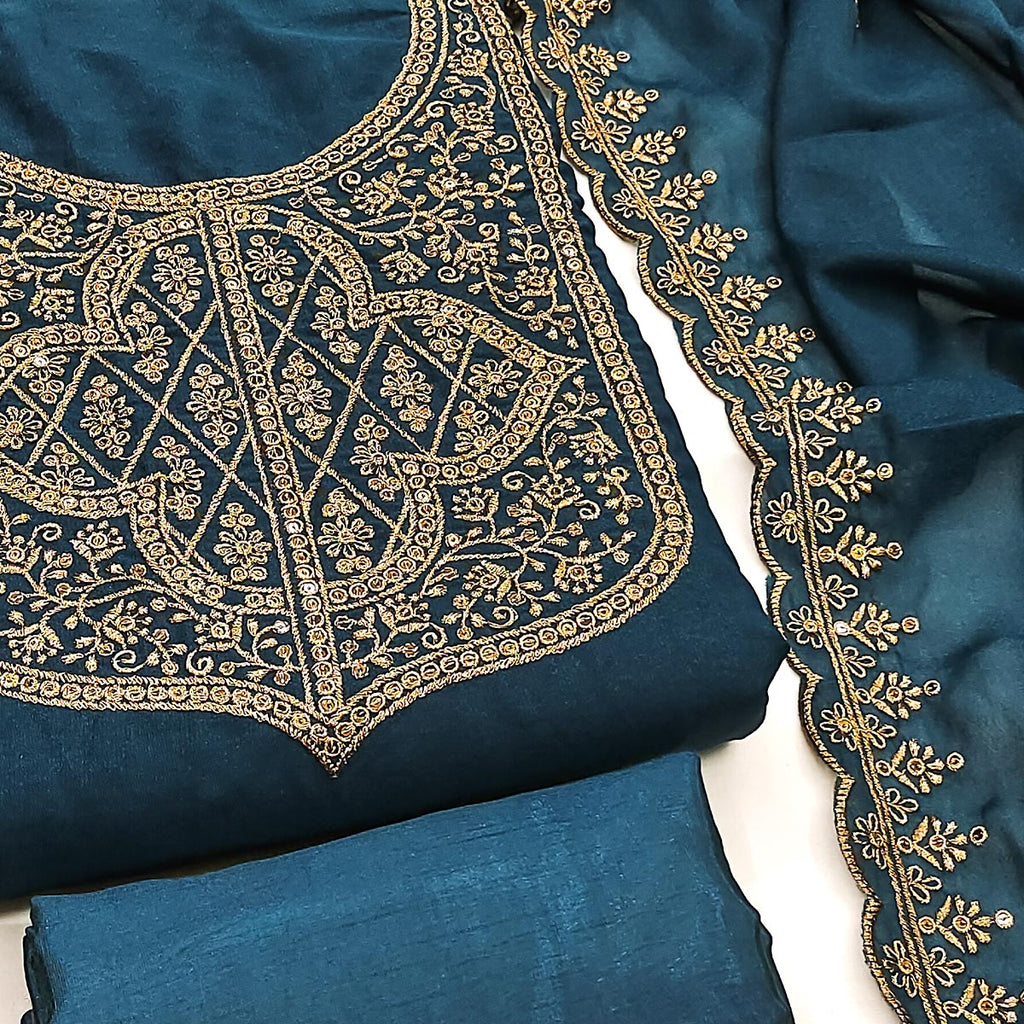 Morpich Blue Georgette Dress Material With Sparkling Sequins & Zari Floral Embroidery