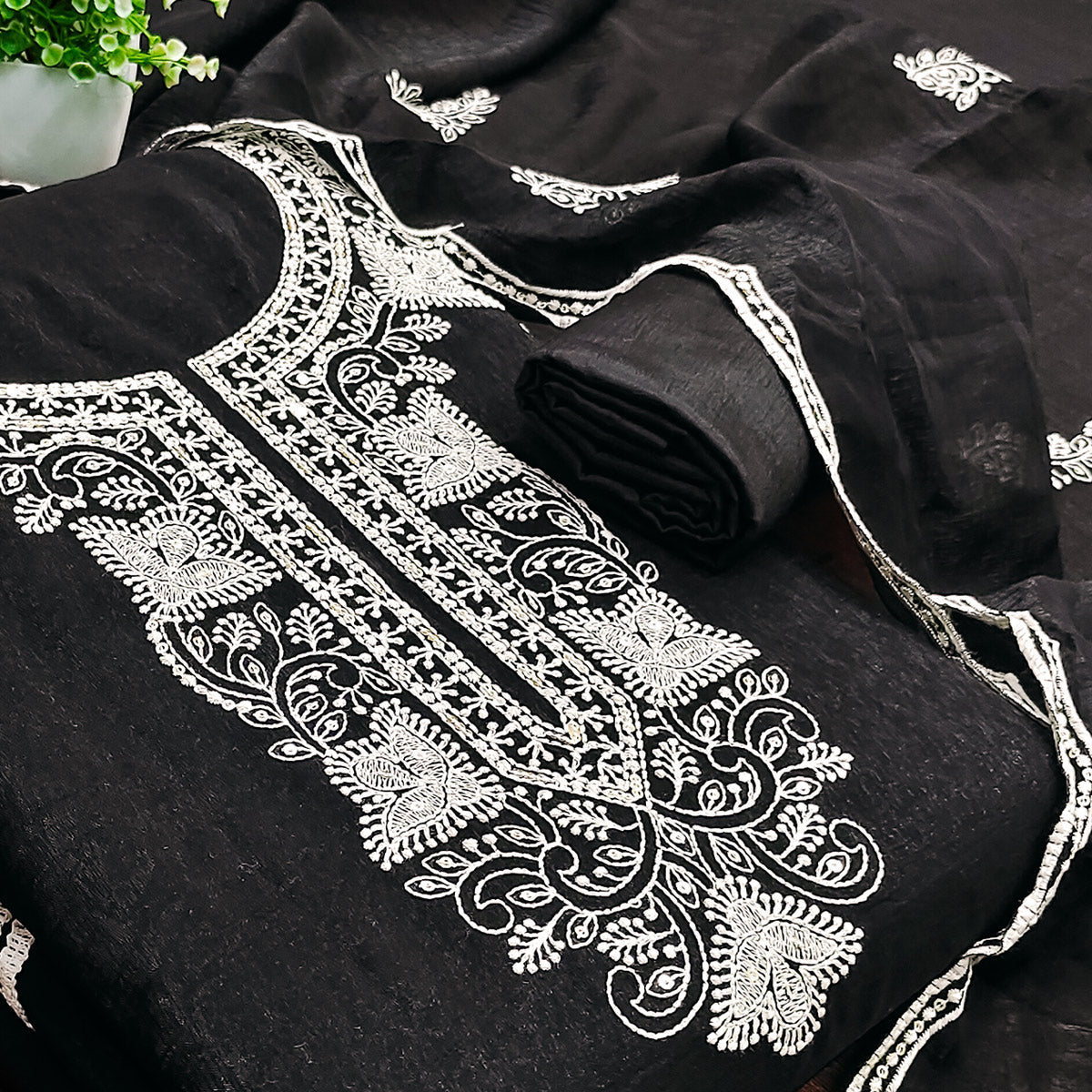 Black Dress Material With Threaded Floral Embroidery & Sequins on Crunchy Silk Georgette