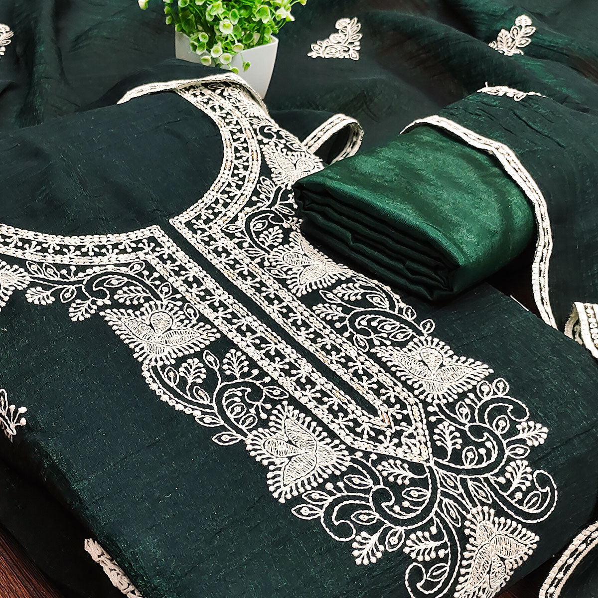 Bottle Green Dress Material With Threaded Floral Embroidery & Sequins on Crunchy Silk Georgette