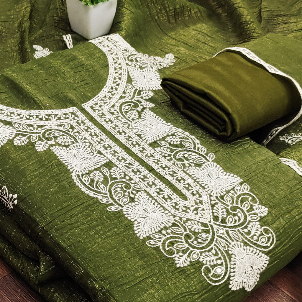 Mehendi Green Dress Material With Threaded Floral Embroidery & Sequins on Crunchy Silk Georgette