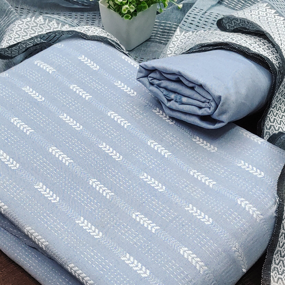 Graceful Grey Woven Work Dress Material In Poly Cotton Blend