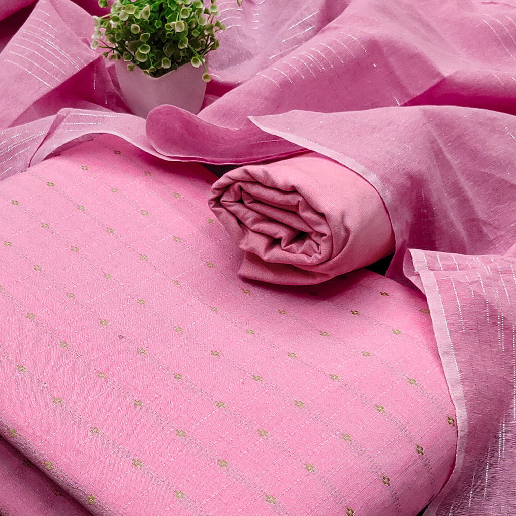 Fresh Pink Woven Poly Cotton Blend Dress Material