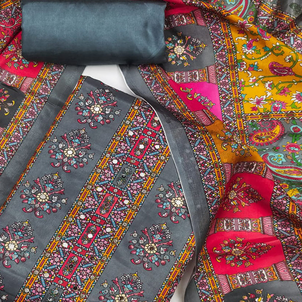 Grey Pakistani Dress Material Featuring Soft Chinon Fabric and Timeless Floral Prints