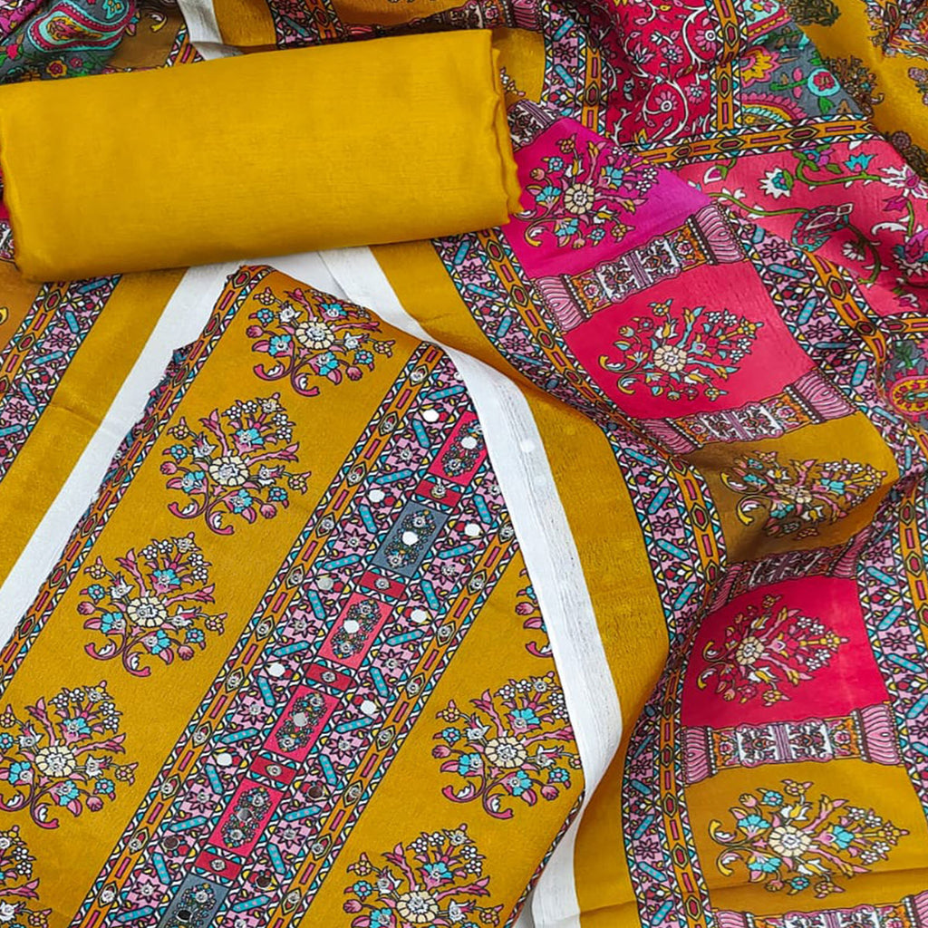 Mustard Pakistani Dress Material Featuring Soft Chinon Fabric and Timeless Floral Prints