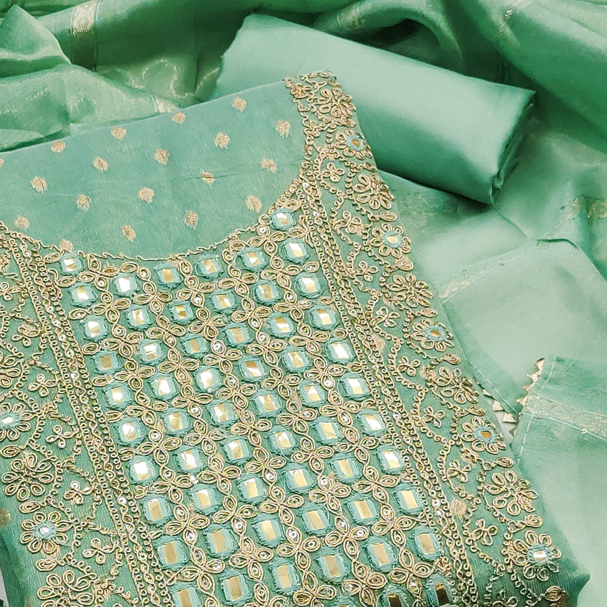 Green Weaving Dress Material In Shimmer Silk With Detailed Cording & Sequin Embroidery Work
