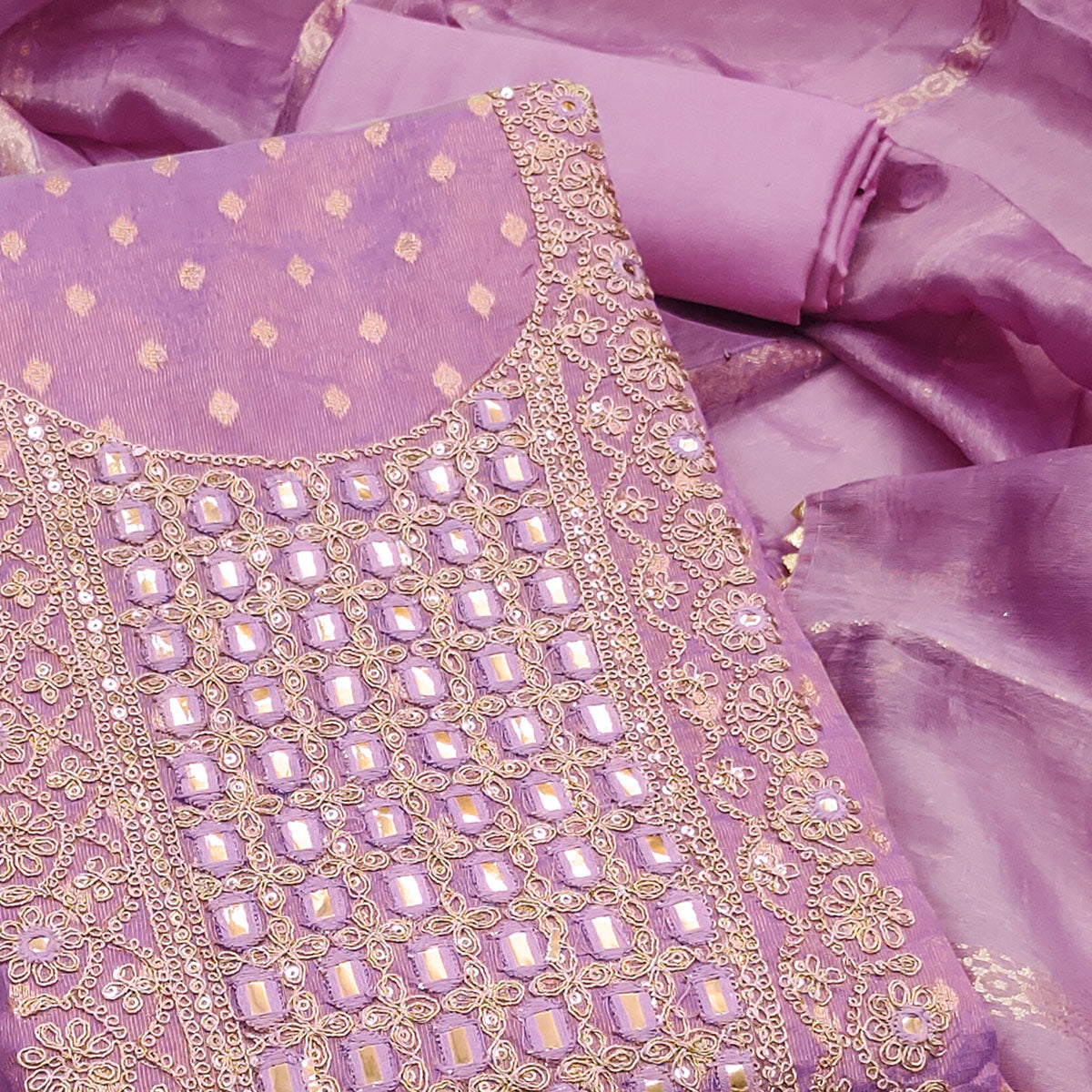 Lavender Weaving Dress Material In Shimmer Silk With Detailed Cording & Sequin Embroidery Work