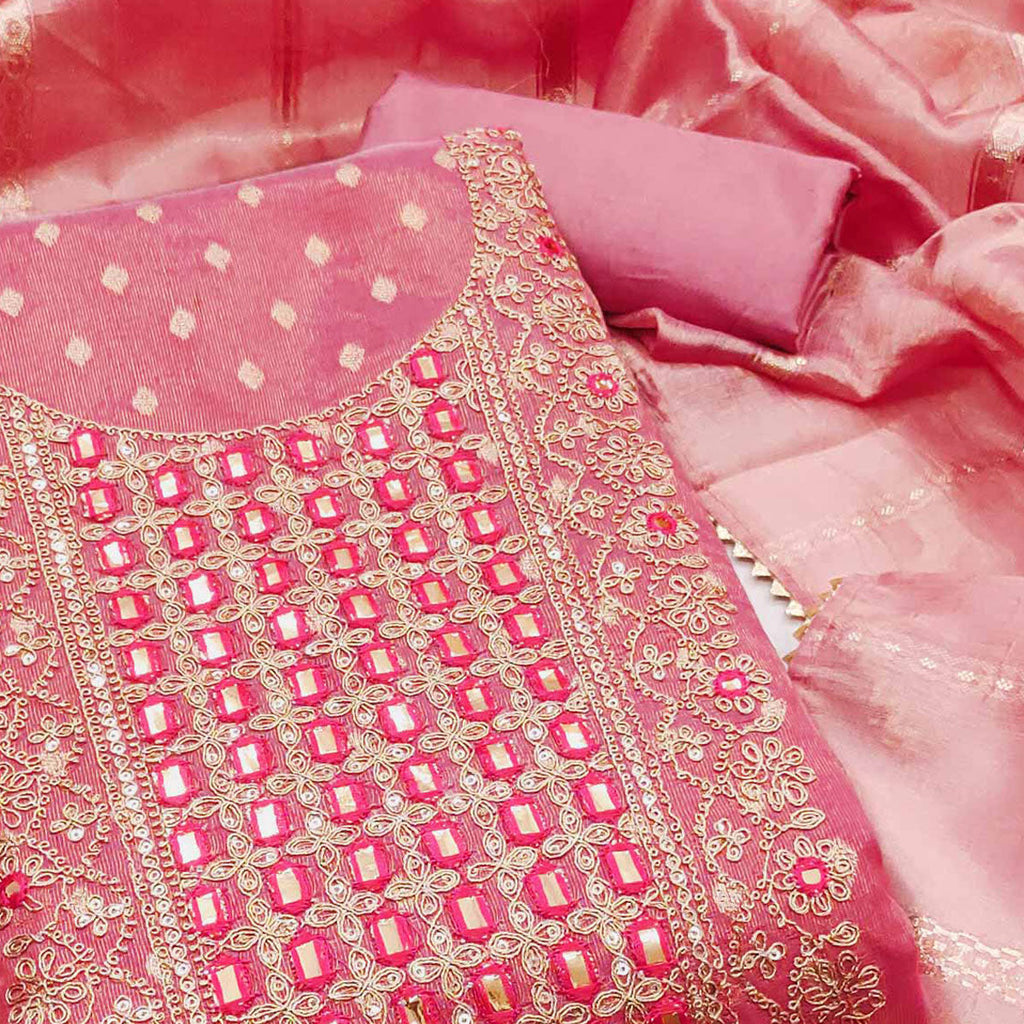 Peach Weaving Dress Material In Shimmer Silk With Detailed Cording & Sequin Embroidery Work