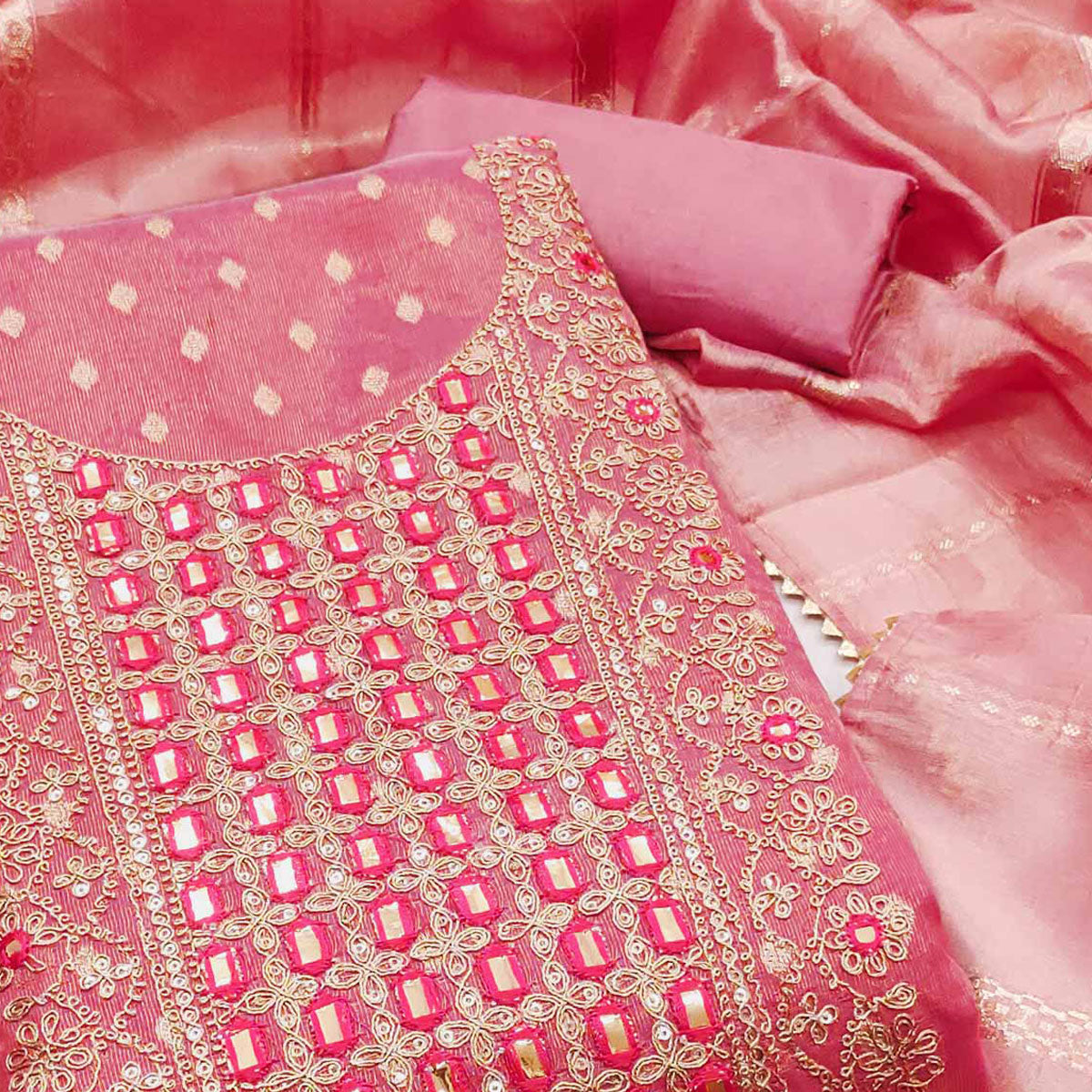 Peach Weaving Dress Material In Shimmer Silk With Detailed Cording & Sequin Embroidery Work