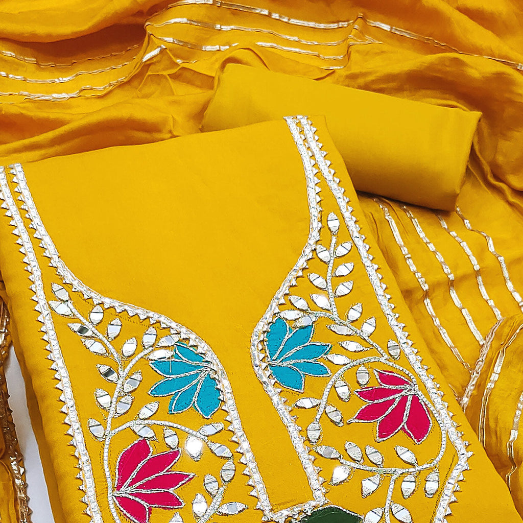 Mustard Floral Embroidery Chanderi Cotton Dress Material Embellished With Mirror & Gota Patti