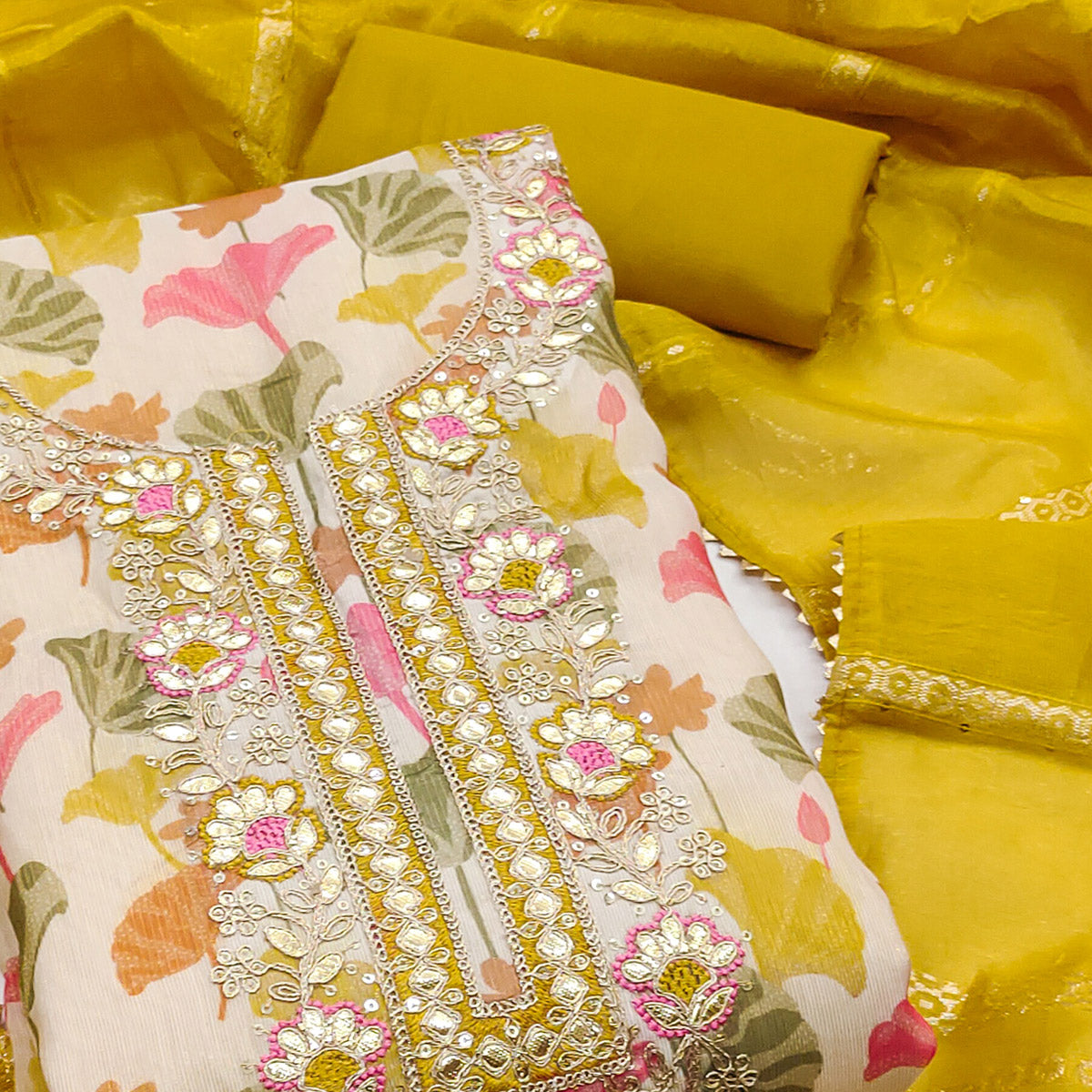 Cream & Mustard Floral Printed Shimmer Silk Dress Material Enhanced With Sequins Cording Embroidery