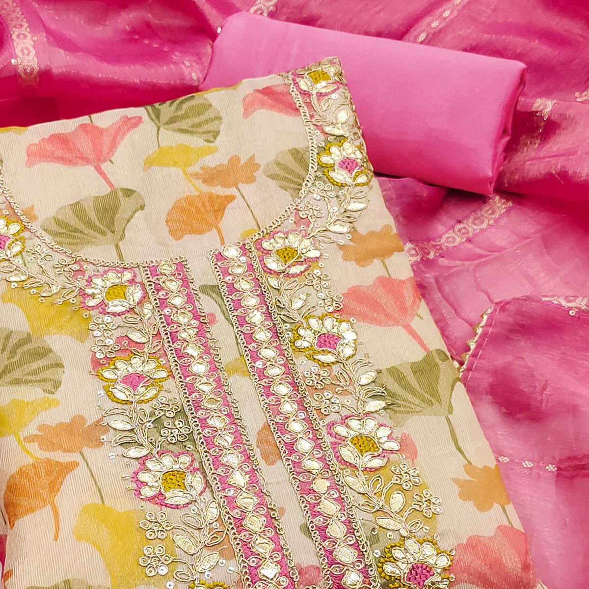 Cream & Pink Floral Printed Shimmer Silk Dress Material Enhanced With Sequins Cording Embroidery