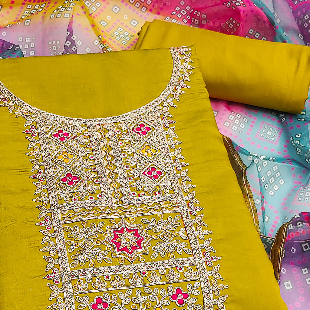 Dark Mustard Roman Chanderi Silk Dress Material With Elegant Sequins & Cording Embroidery Work